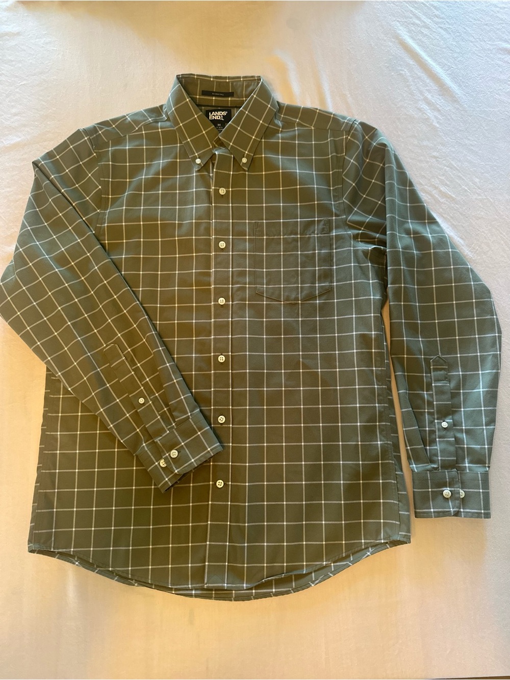 Lands' End Men's Olive Green Plaid Button-Down Shirt